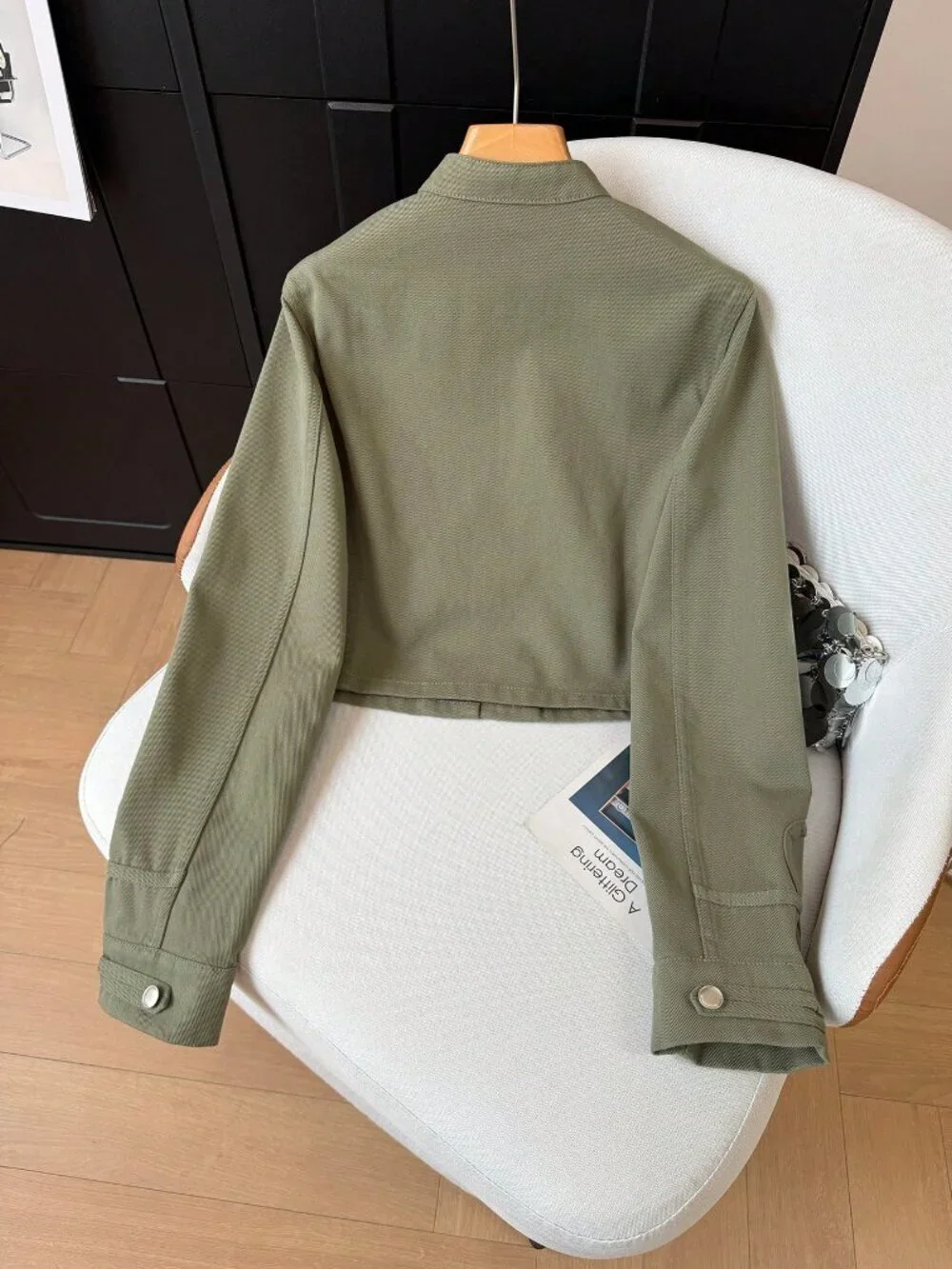 Olive Green Casual Women's Elegant Button Washed Jacket